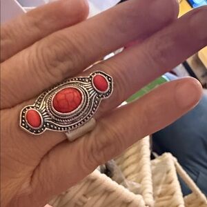 Vintage-Inspired Silver Ring with Red Accents
